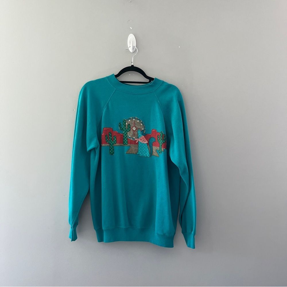 Vintage Teal Desert Scene Sweatshirt Crew Neck Size XL Boho Bohemian